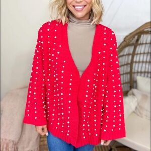 POL medium Cozy Cream Knit Cardigan with pearls RED